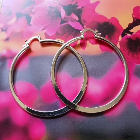 Shiny Sterling Silver Hoop Earrings 2" - Picture 1 of 3